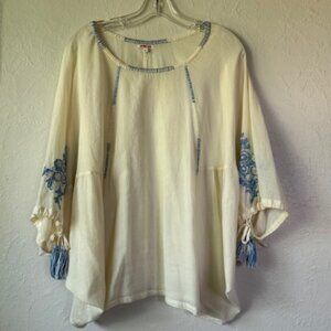 Johnny Was batwing top cream with blue trim, embroidery and beading size L
